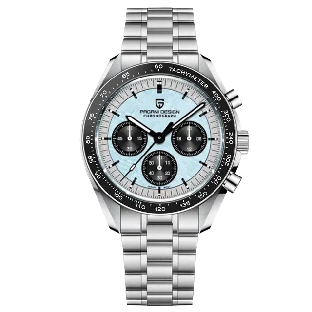 Front view of Pagani Design PD-1701 quartz chronograph watch with a light blue dial, black chronograph subdials, stainless steel case and bracelet, black tachymeter bezel, and luminous markers on a transparent background.