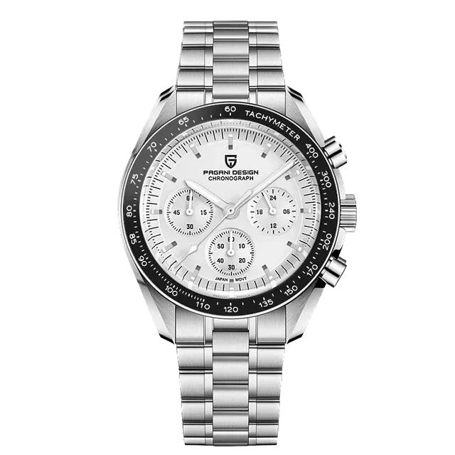 Front view of Pagani Design PD-1701 quartz chronograph watch with a silver dial, stainless steel case and bracelet, black tachymeter bezel, monochrome chronograph subdials, and luminous hands and hour markers on a transparent background.