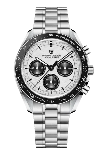 Front view of Pagani Design PD-1701 quartz chronograph watch with a silver dial, black chronograph subdials, black tachymeter bezel, stainless steel case and bracelet, and luminous hands and hour markers on a transparent background.