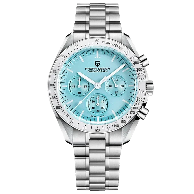 Front view of Pagani Design PD-1701 quartz chronograph watch with a sky blue dial, stainless steel case and bracelet, chronograph subdials, tachymeter bezel, and luminous hands and hour markers on a transparent background.