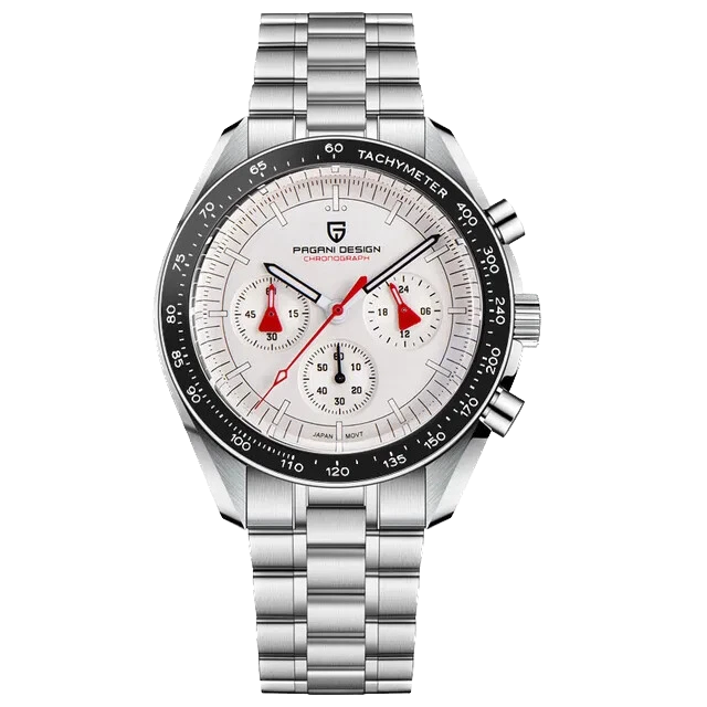 Front view of Pagani Design PD-1701 quartz chronograph watch with a white dial, red-accent chronograph hands, black tachymeter bezel, stainless steel case and bracelet, and luminous hour markers on a transparent background.