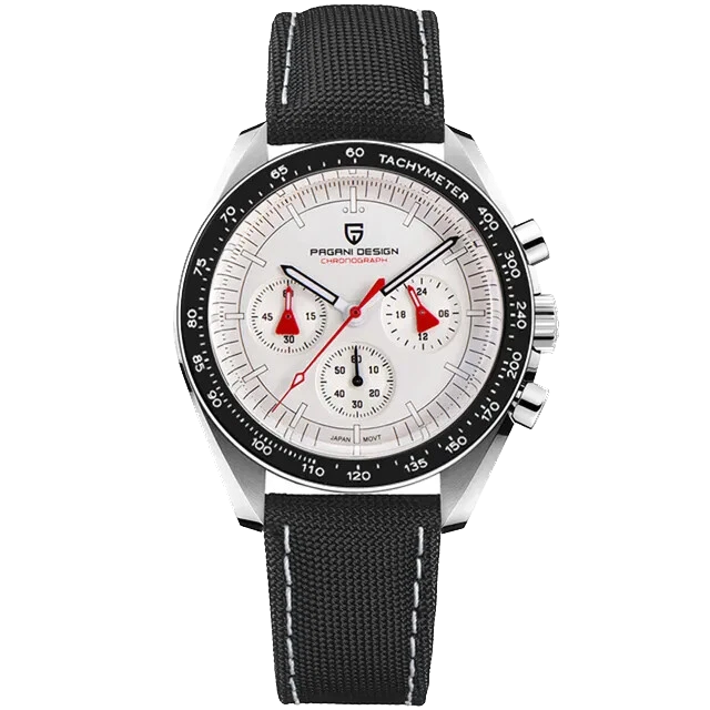 Front view of Pagani Design PD-1701 quartz chronograph watch with a white dial, stainless steel case, black tachymeter bezel, red-accent chronograph subdials, luminous markers, and black fabric strap on a transparent background.