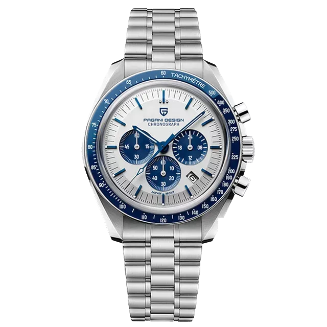 Front view of Pagani Design PD-1701 quartz chronograph watch with a white dial, blue chronograph subdials, blue tachymeter bezel, stainless steel case and bracelet, and luminous hands and hour markers on a transparent background.