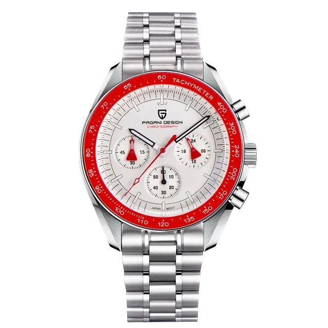 Front view of Pagani Design PD-1701 quartz chronograph watch with a white dial, red tachymeter bezel, red-accent chronograph subdials, stainless steel case and bracelet, and luminous markers on a transparent background.