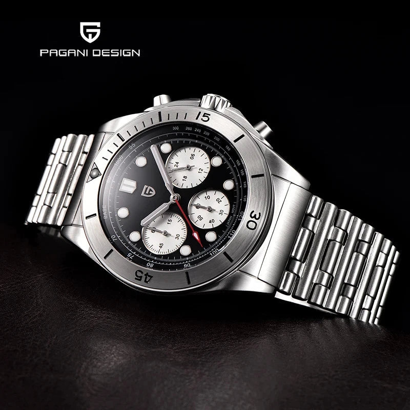 PAGANI DESIGN PD-1705 retro chronograph men's watch with black panda dial and steel bracelet