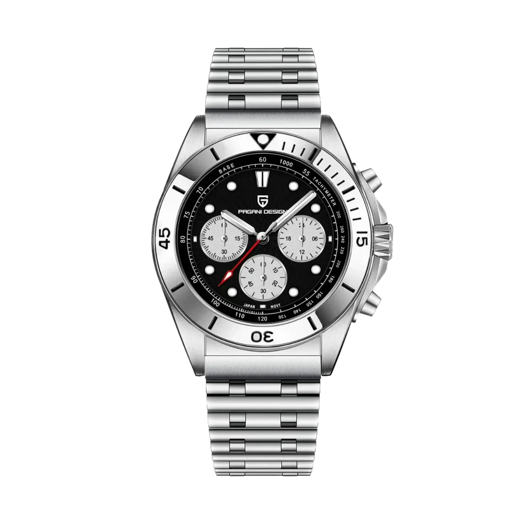 PAGANI DESIGN PD-1705 retro chronograph watch with black dial and steel bracelet front view