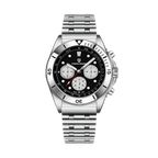 PAGANI DESIGN PD-1705 retro chronograph watch with black dial and steel bracelet front view
