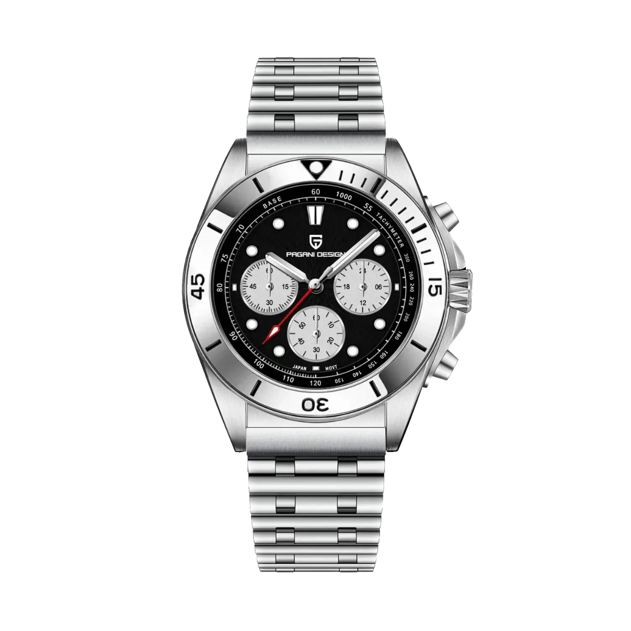 PAGANI DESIGN PD-1705 retro chronograph watch with black dial and steel bracelet front view