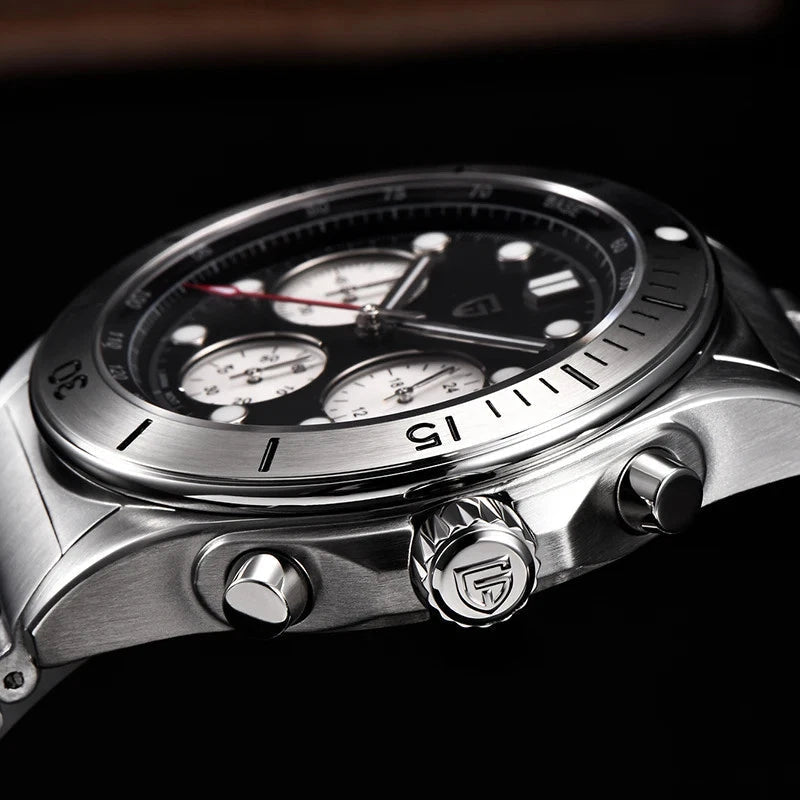 PAGANI DESIGN PD-1705 retro chronograph crown pushers and case side detail with black dial