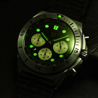 PAGANI DESIGN PD-1705 retro chronograph green lume glow detail view in low light