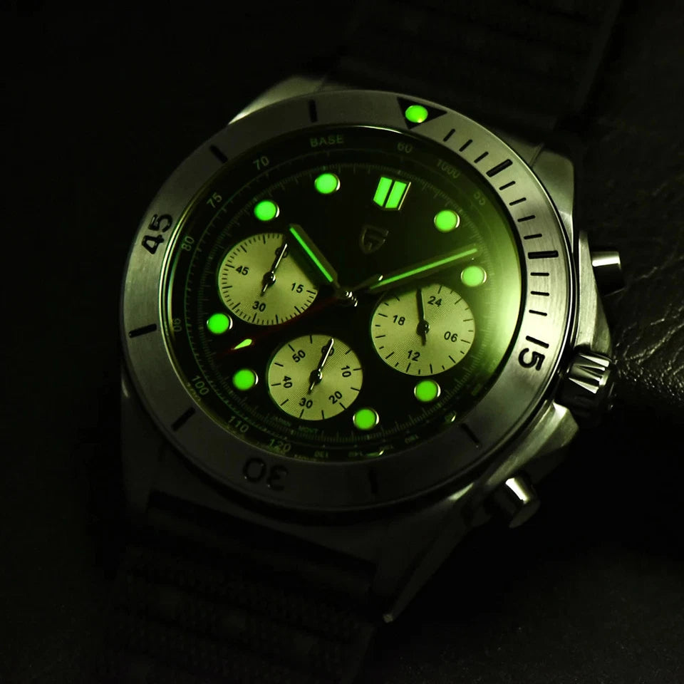 PAGANI DESIGN PD-1705 retro chronograph green lume glow detail view in low light