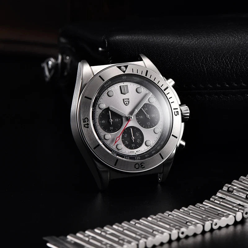 PAGANI Design PD-1705 retro VK63 chronograph with silver dial and black sub-dials front view