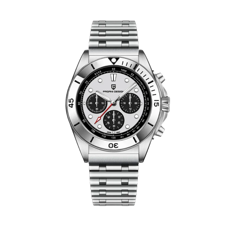 PAGANI DESIGN PD-1705 retro chronograph with white dial silver bezel and steel bracelet