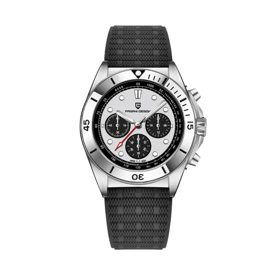 PAGANI DESIGN PD-1705 retro chronograph with white dial and stainless steel bracelet front