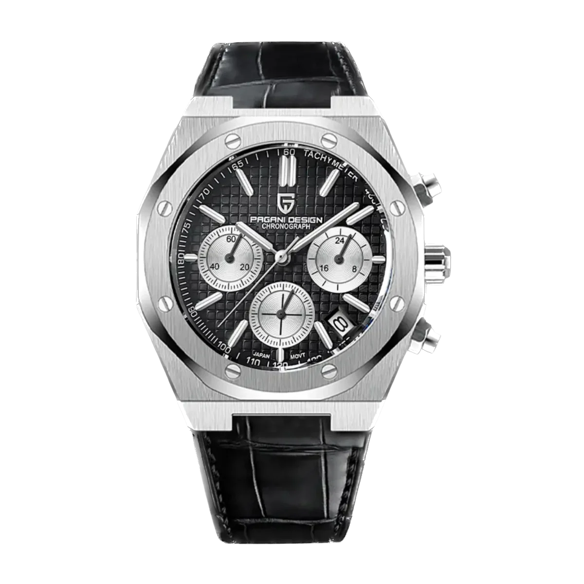 Pagani Design PD-1707 chronograph quartz watch with black dial, stainless steel case, and black leather strap, front view.
