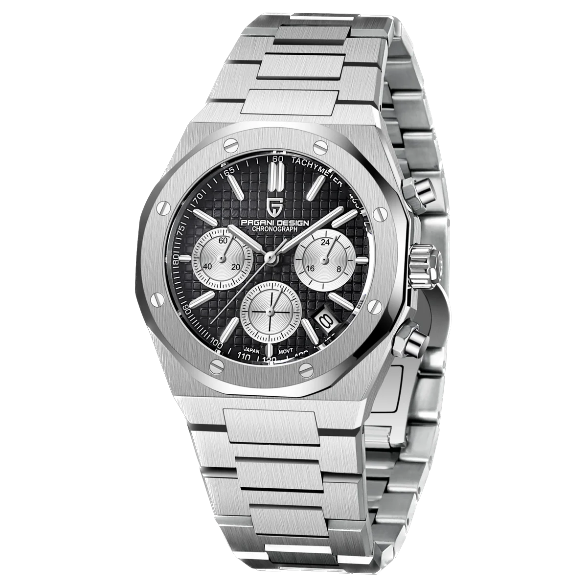 Pagani Design PD-1707 chronograph quartz watch with black dial, stainless steel case and bracelet, front view.
