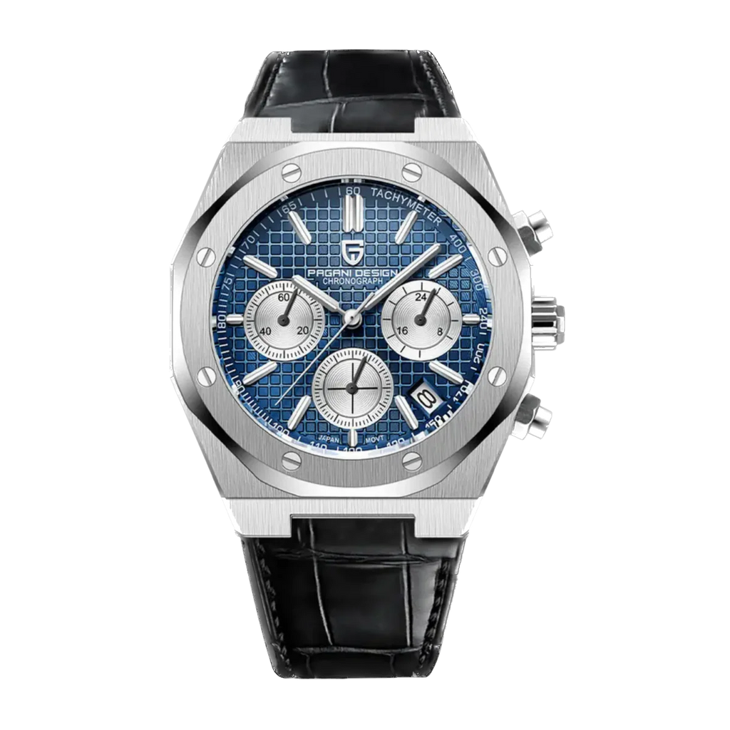Pagani Design PD-1707 chronograph quartz watch with blue dial, stainless steel case, and black leather strap, front view.