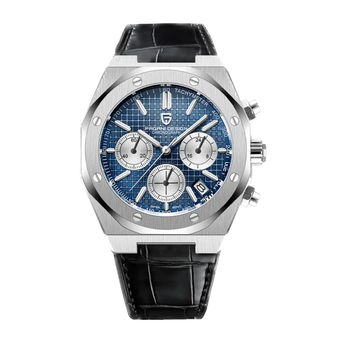 Pagani Design PD-1707 chronograph quartz watch with blue dial, stainless steel case, and black leather strap, front view.