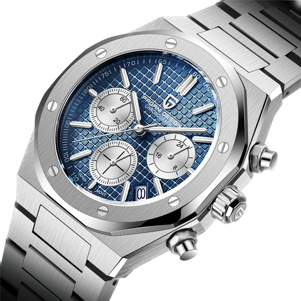 Angled view of Pagani Design PD-1707 chronograph quartz watch with blue dial and stainless steel bracelet, showing the side and chronograph buttons.