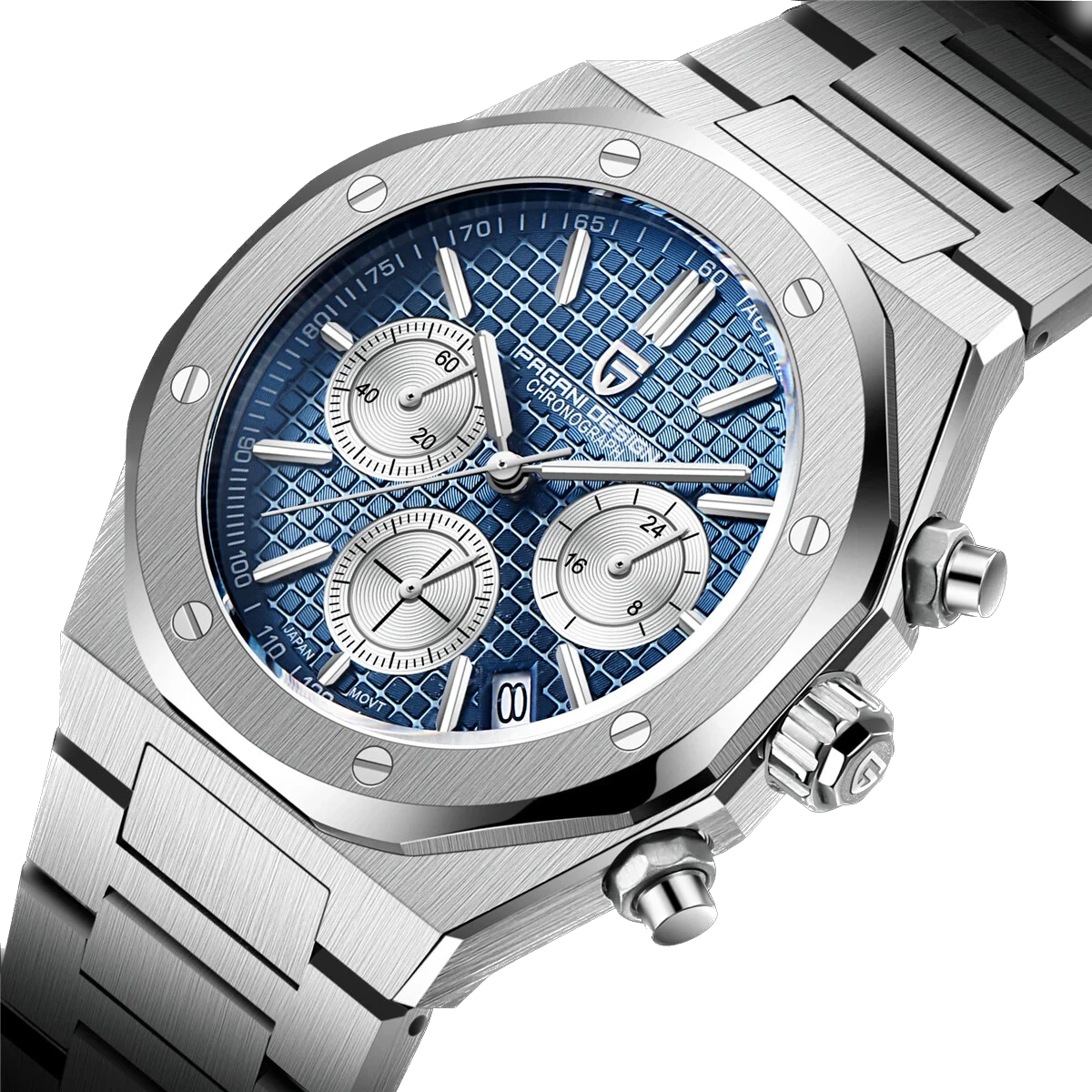 Angled view of Pagani Design PD-1707 chronograph quartz watch with blue dial and stainless steel bracelet, showing the side and chronograph buttons.