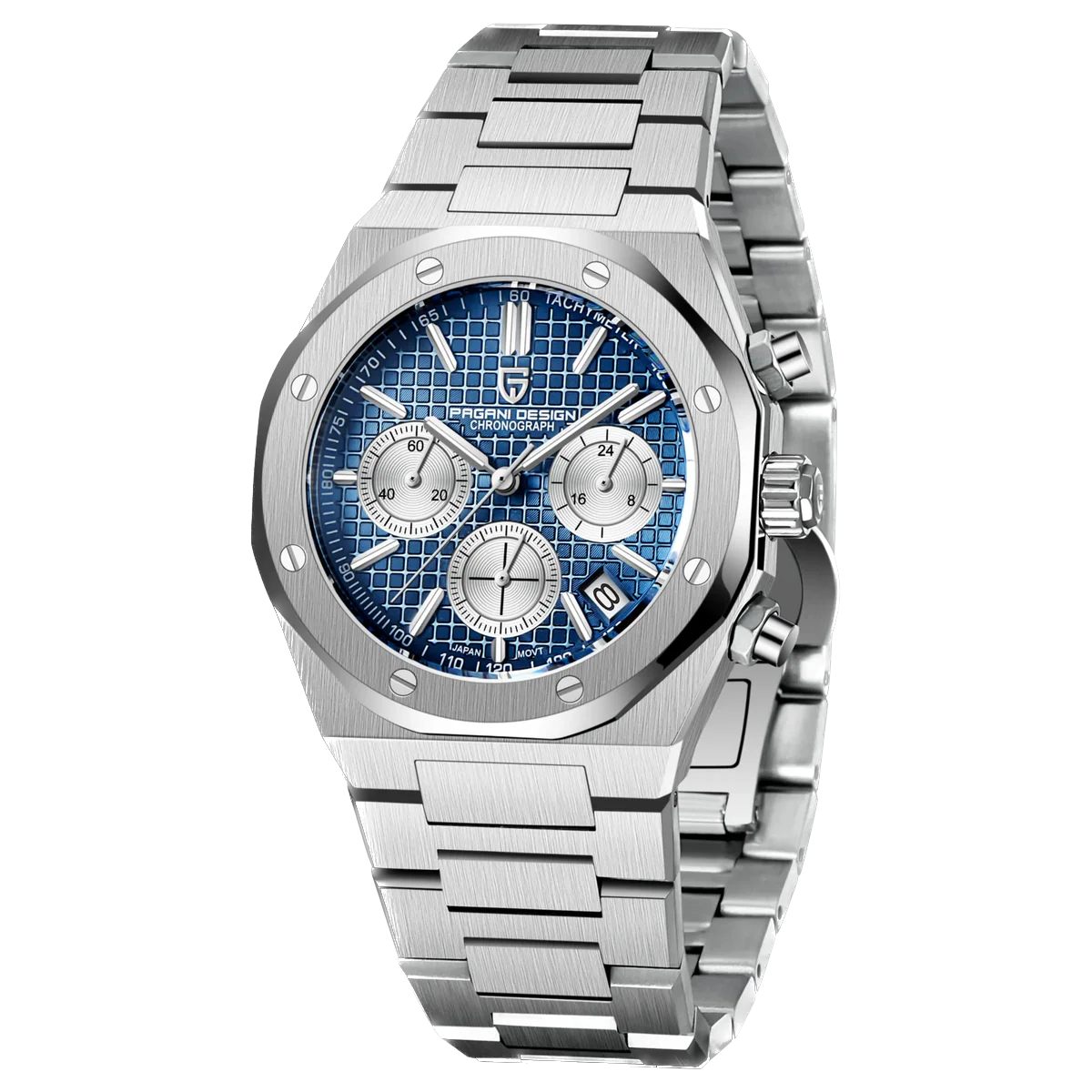 Pagani Design PD-1707 chronograph quartz watch with blue dial and stainless steel bracelet, front view.