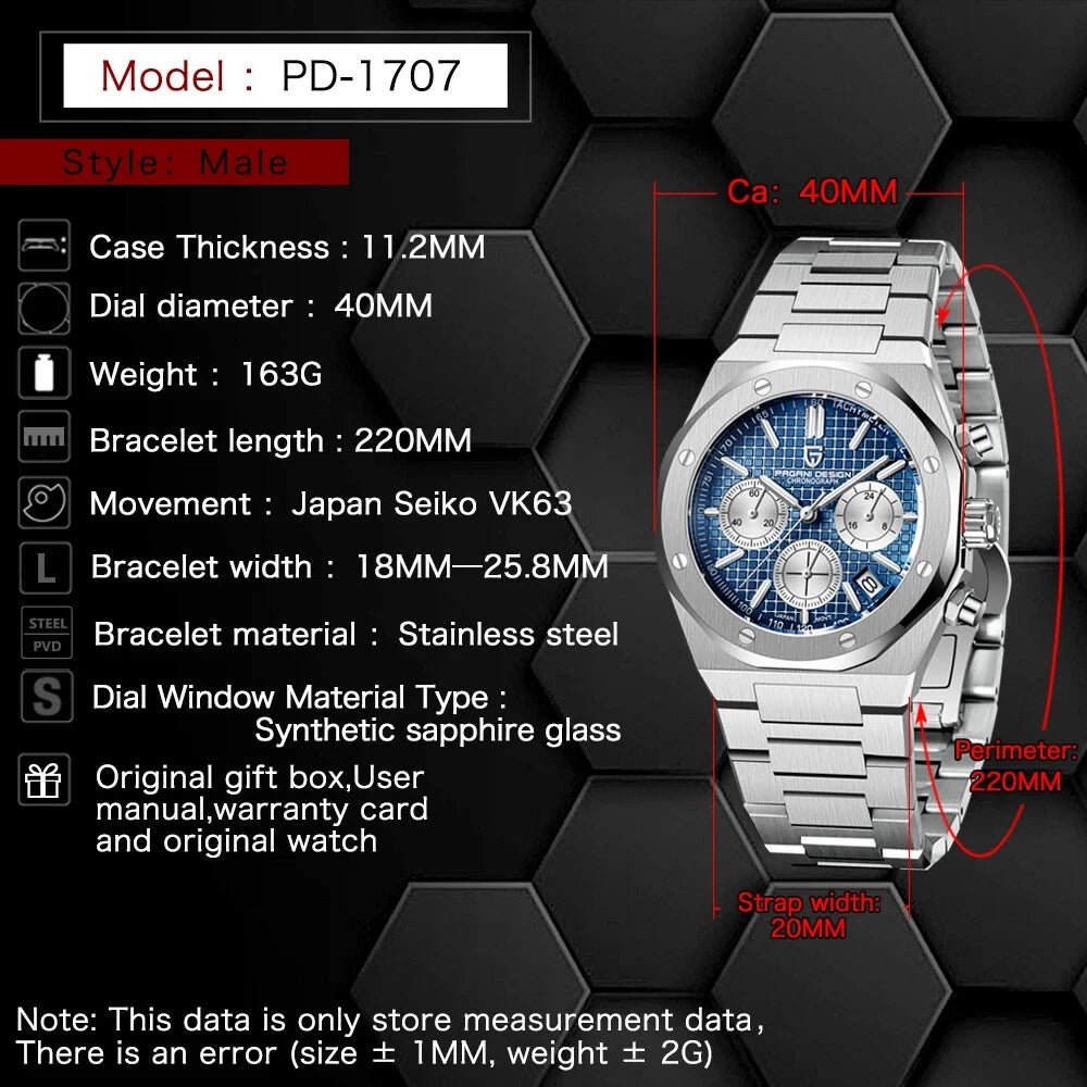 Specifications chart for Pagani Design PD-1707 chronograph quartz watch: case thickness 11.2 mm, dial diameter 40 mm, weight 163 g, bracelet length 220 mm, movement Japan Seiko VK63, bracelet width 18 mm to 25.8 mm, stainless steel bracelet, synthetic sapphire glass, and includes original gift box and user manual.