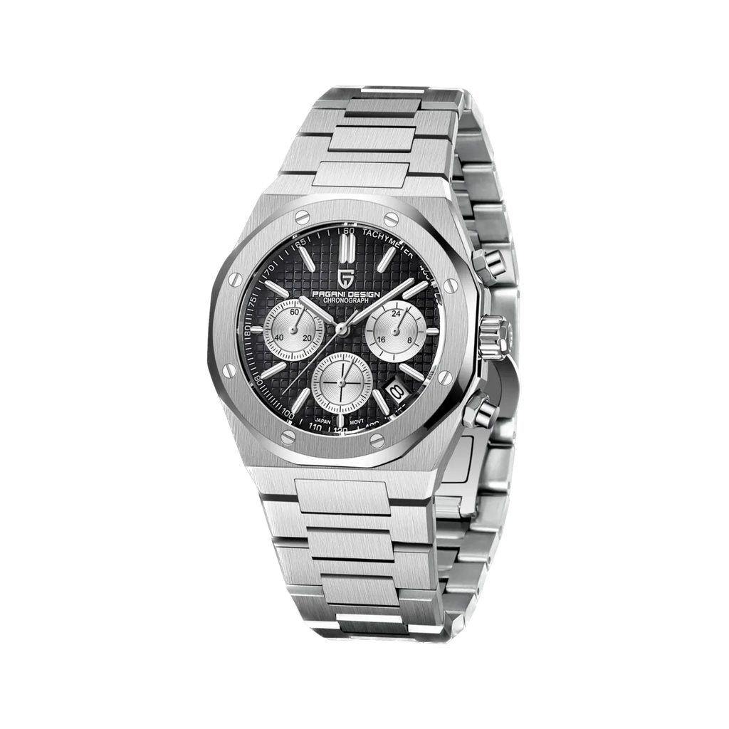 PAGANI DESIGN PD-1707 octagonal chronograph with black dial and steel bracelet angled view