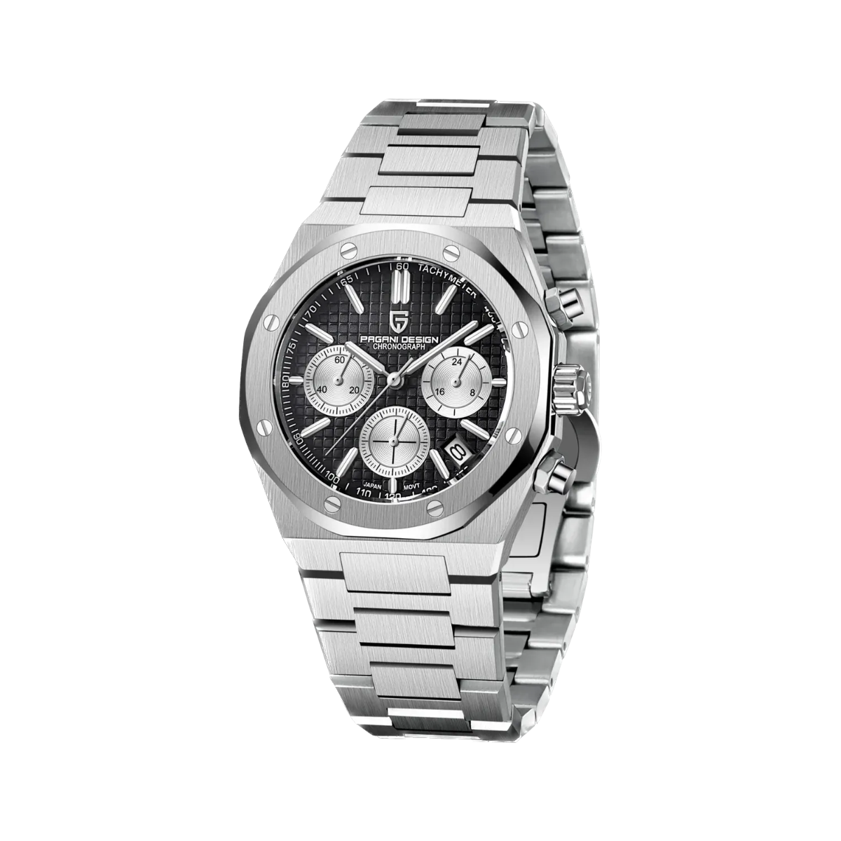 PAGANI DESIGN PD-1707 octagonal chronograph with black dial and steel bracelet angled view