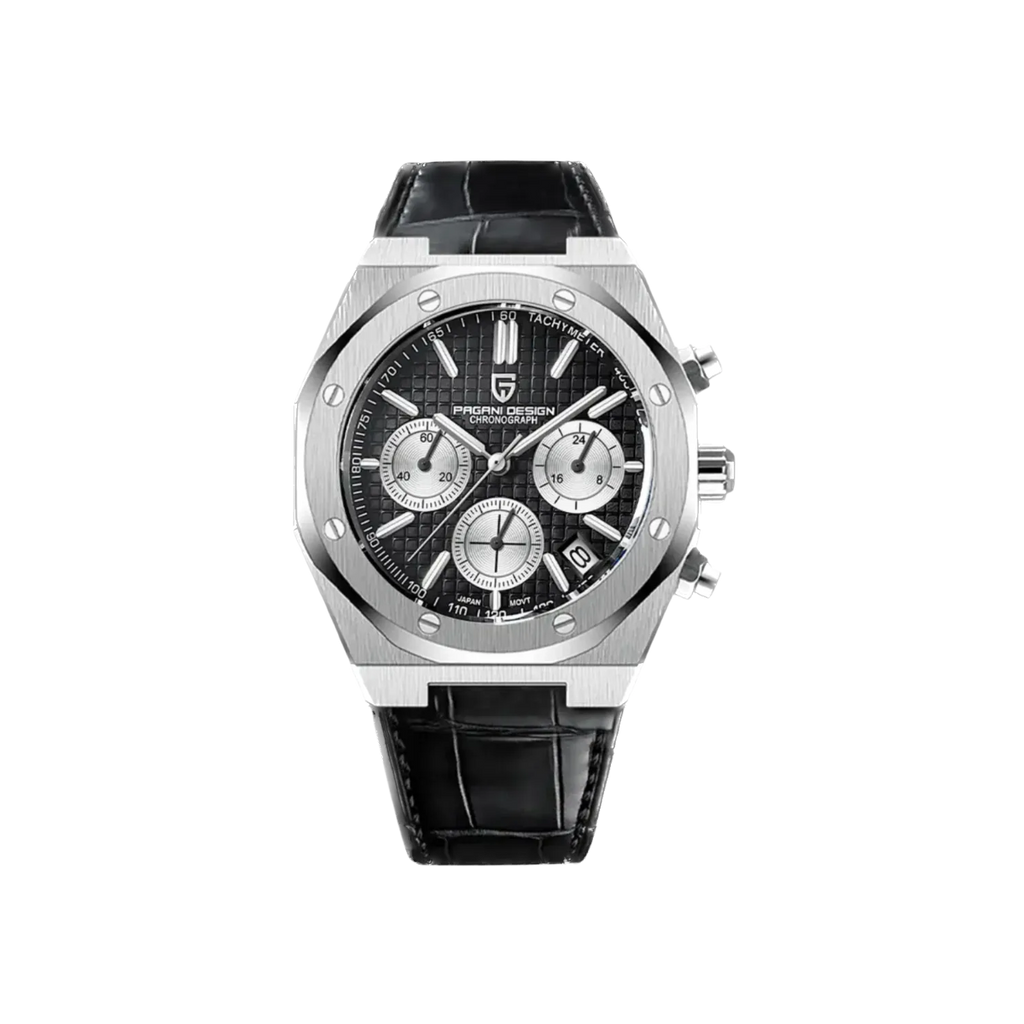 PAGANI DESIGN PD-1707 octagonal chronograph with black dial and black leather strap front view