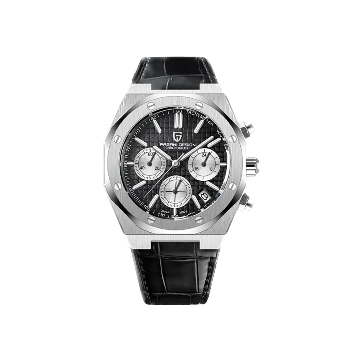 PAGANI DESIGN PD-1707 octagonal chronograph with black dial and black leather strap front view