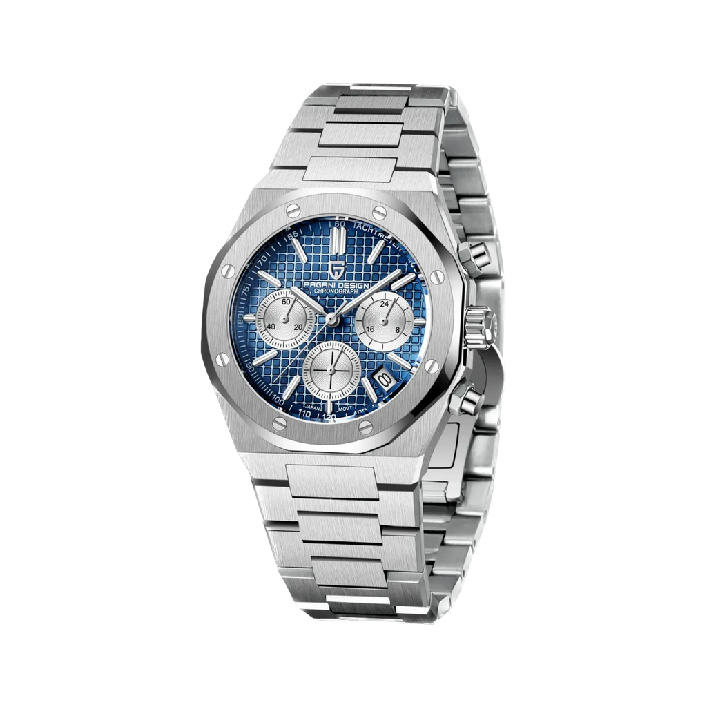 PAGANI DESIGN PD-1707 octagonal chronograph with blue dial and steel bracelet angled view