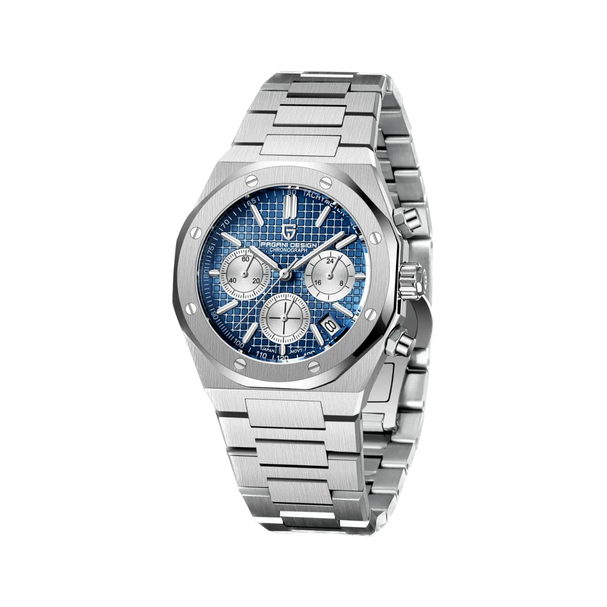 PAGANI DESIGN PD-1707 octagonal chronograph with blue dial and steel bracelet angled view