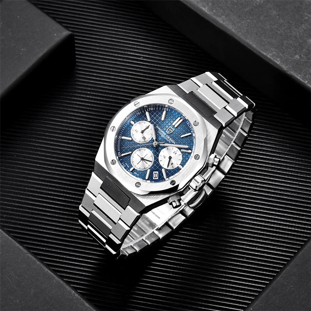 PAGANI DESIGN PD-1707 V3 men's chronograph watch with blue dial and stainless steel bracelet