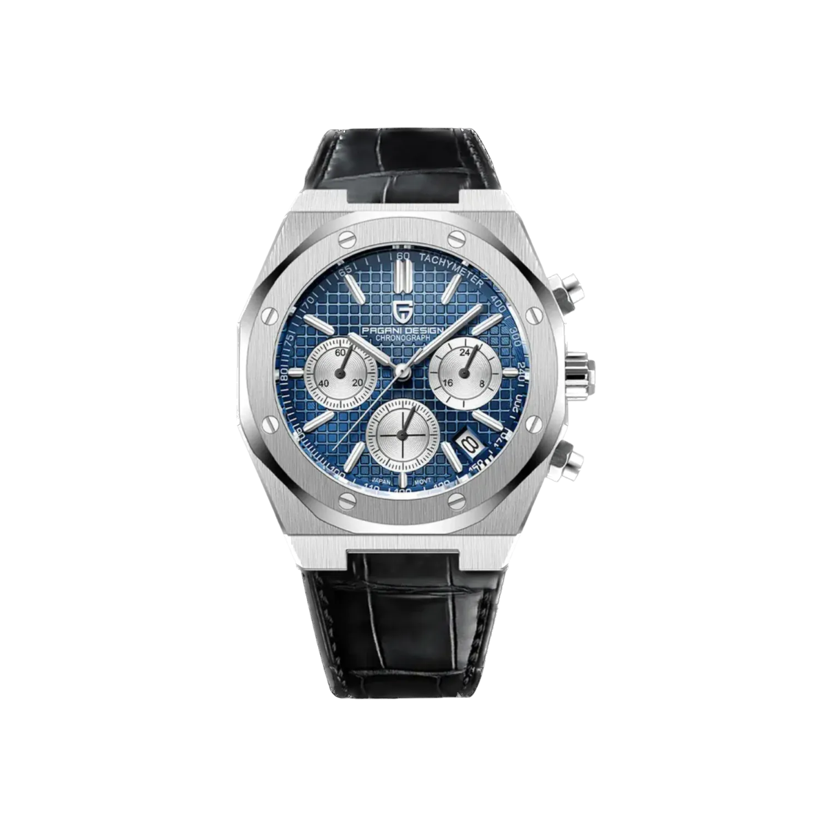 PAGANI DESIGN PD-1707 octagonal chronograph with blue dial and black leather strap front view