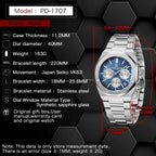 PAGANI DESIGN PD-1707 chronograph watch specifications graphic with blue dial and steel bracelet