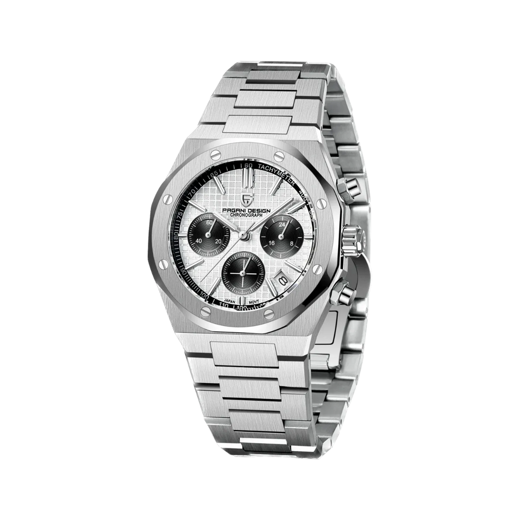 PAGANI DESIGN PD-1707 octagonal chronograph with white dial and steel bracelet angled view
