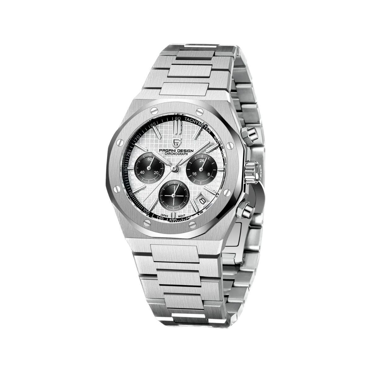 PAGANI DESIGN PD-1707 octagonal chronograph with white dial and steel bracelet angled view