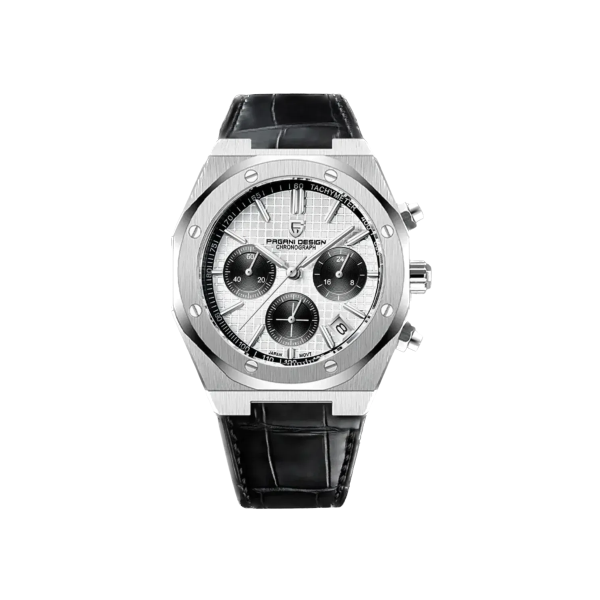 PAGANI DESIGN PD-1707 octagonal chronograph with white dial and black leather strap front view