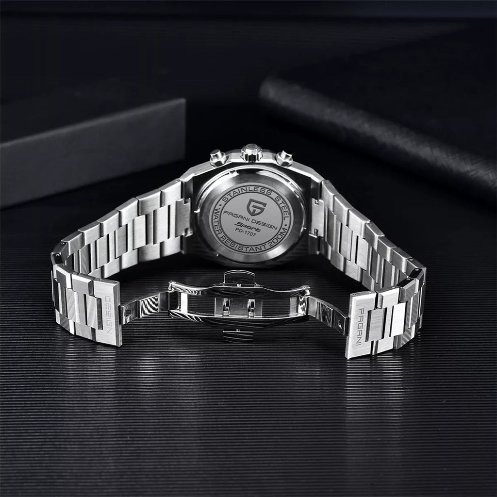 Caseback view of Pagani Design PD-1707 chronograph quartz watch showing the engraved case back and stainless steel bracelet with deployment clasp.