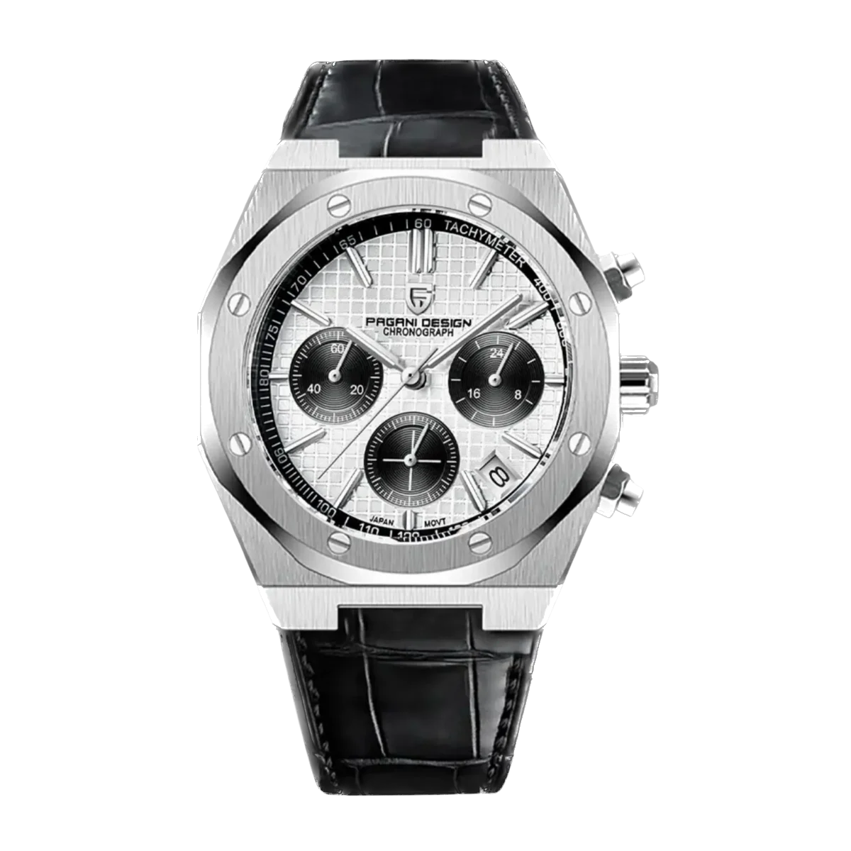 Pagani Design PD-1707 chronograph quartz watch with white textured dial, stainless steel case, and black leather strap, front view.