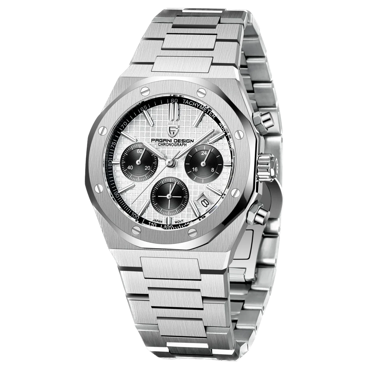 Pagani Design PD-1707 chronograph quartz watch with white dial and stainless steel bracelet, front view.