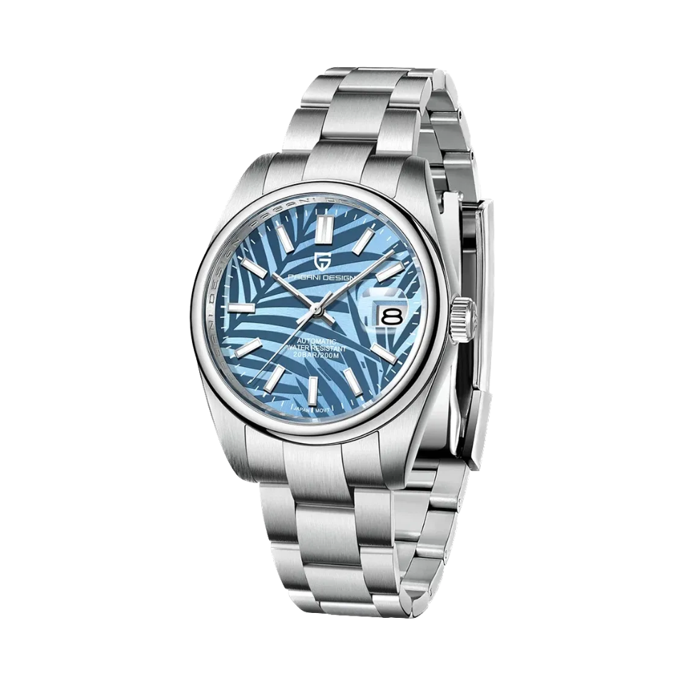 PAGANI DESIGN PD-1715 automatic watch with blue palm leaf dial and steel bracelet front view