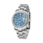 PAGANI DESIGN PD-1715 automatic watch with blue palm leaf dial and steel bracelet front view