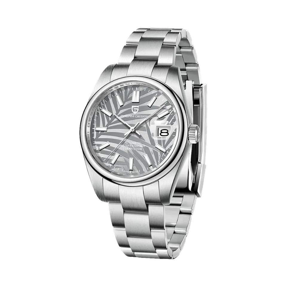 PAGANI DESIGN PD-1715 automatic watch with gray palm leaf dial and steel bracelet front view