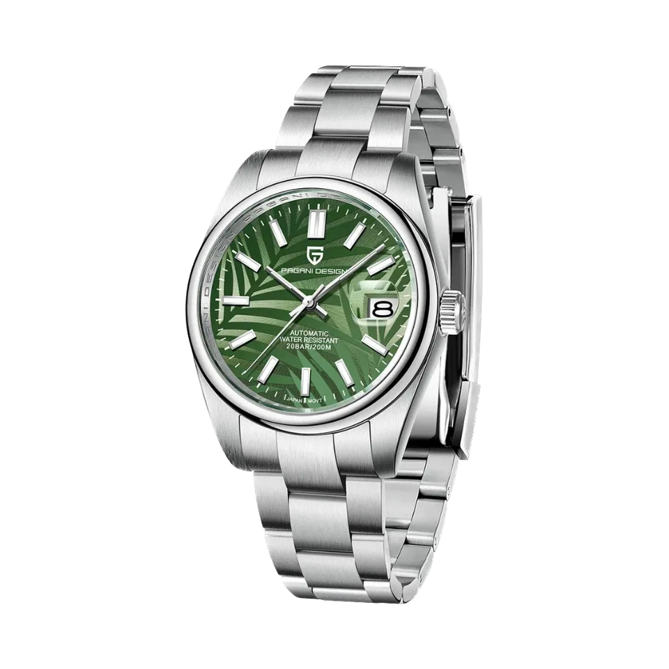 PAGANI DESIGN PD-1715 automatic watch with green palm leaf dial and steel bracelet front view