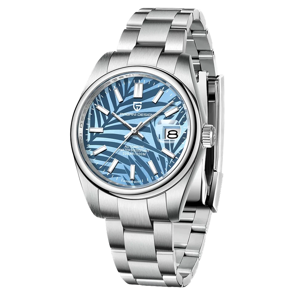 Pagani Design PD 1715 automatic watch blue patterned dial stainless steel bracelet front view