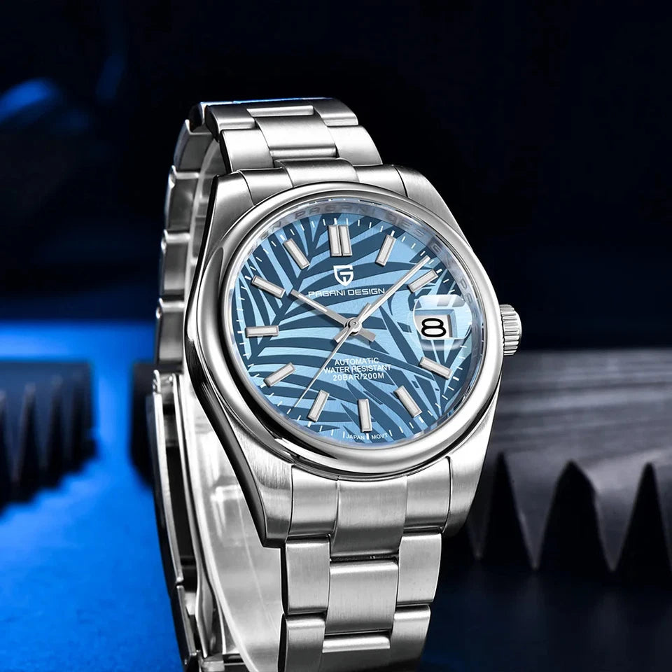 Side view of Pagani Design PD 1715 automatic watch blue patterned dial stainless steel bracelet against dark background