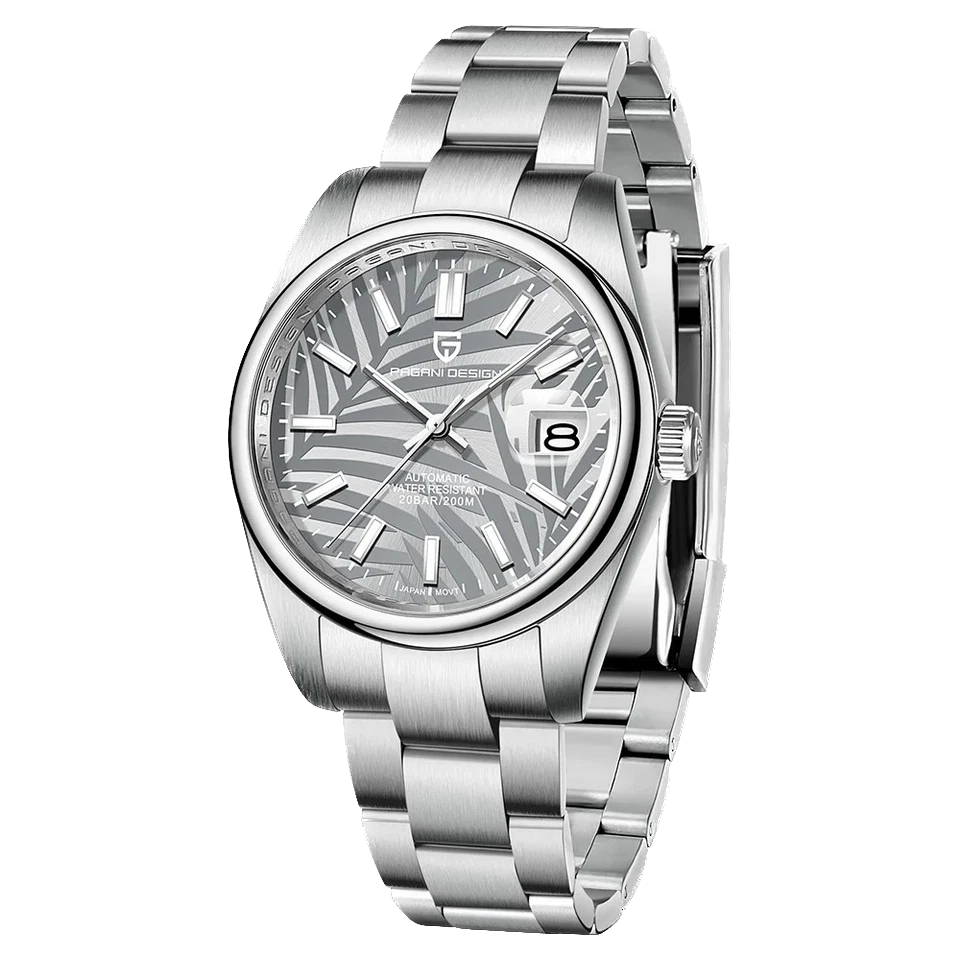 Pagani Design PD 1715 automatic watch gray patterned dial stainless steel bracelet front view