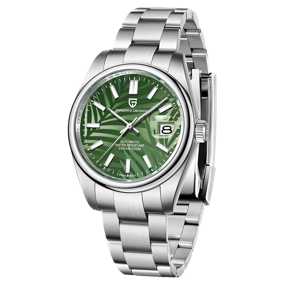 Pagani Design PD 1715 automatic watch green patterned dial stainless steel bracelet front view