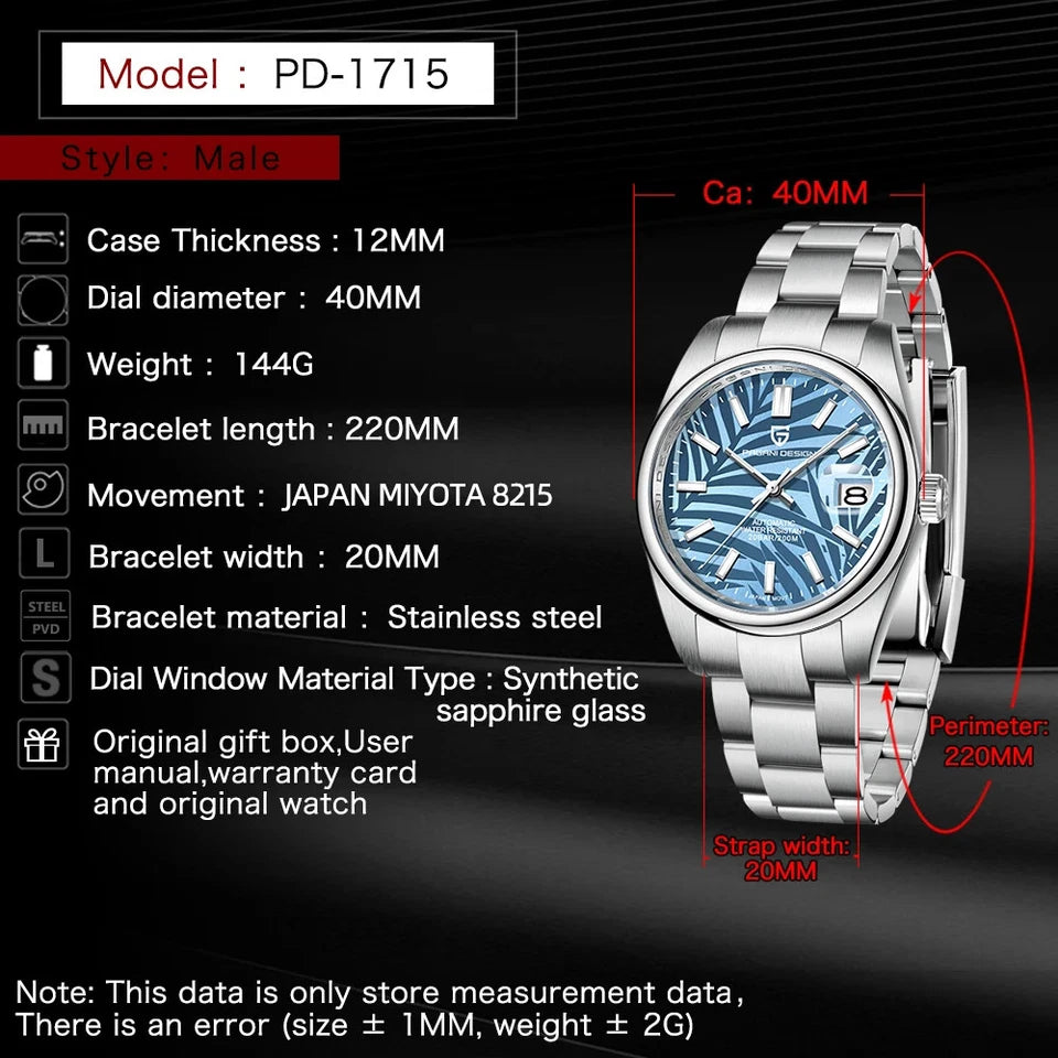 Specification chart for Pagani Design PD 1715 watch blue dial stainless steel bracelet showing case thickness dial diameter weight